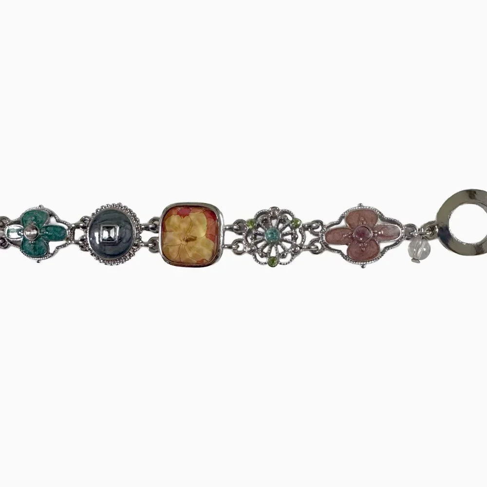 Vintage Napier Silver Multicolor Enamel Bracelet Floral Motif Toggle Retro Charm
